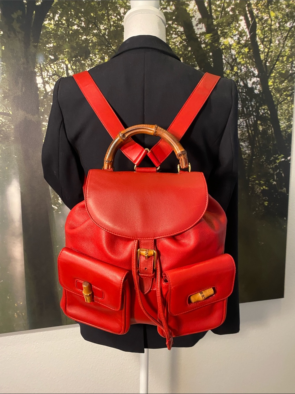 Vintage GUCCI Bamboo Backpack Red Smooth Leather